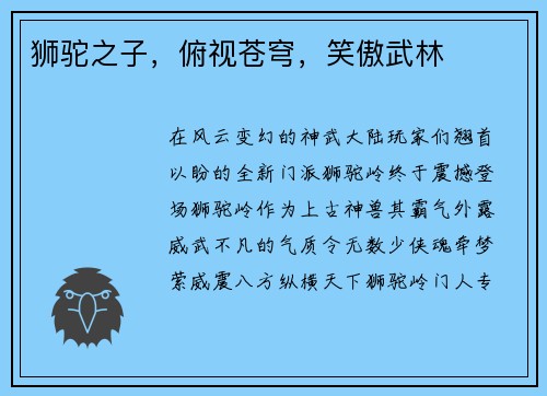 狮驼之子，俯视苍穹，笑傲武林